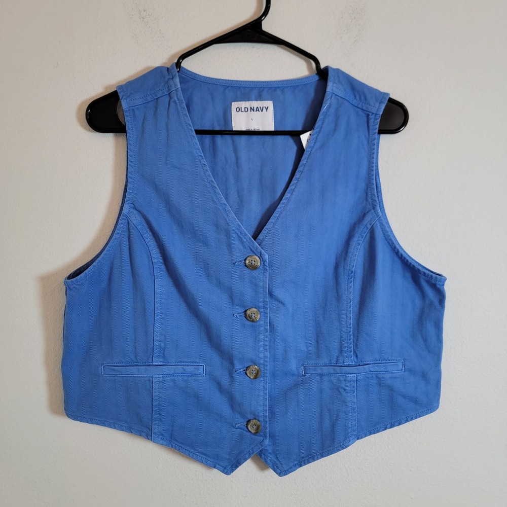 Old Navy Womens Large Drapey Denim Vest Cornflower Blue Light Wash NWT Festival
